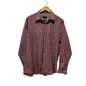 Emanuel  Burgundy & White Striped Button-Up Long Sleeve  Men's Shirt Size L